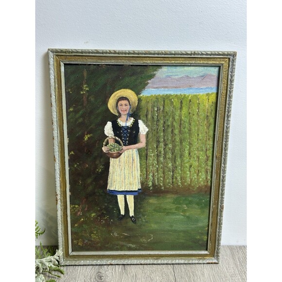 Original Folk Primitive Painting European Girl In Garden Framed & Signed 1958 - Picture 1 of 9